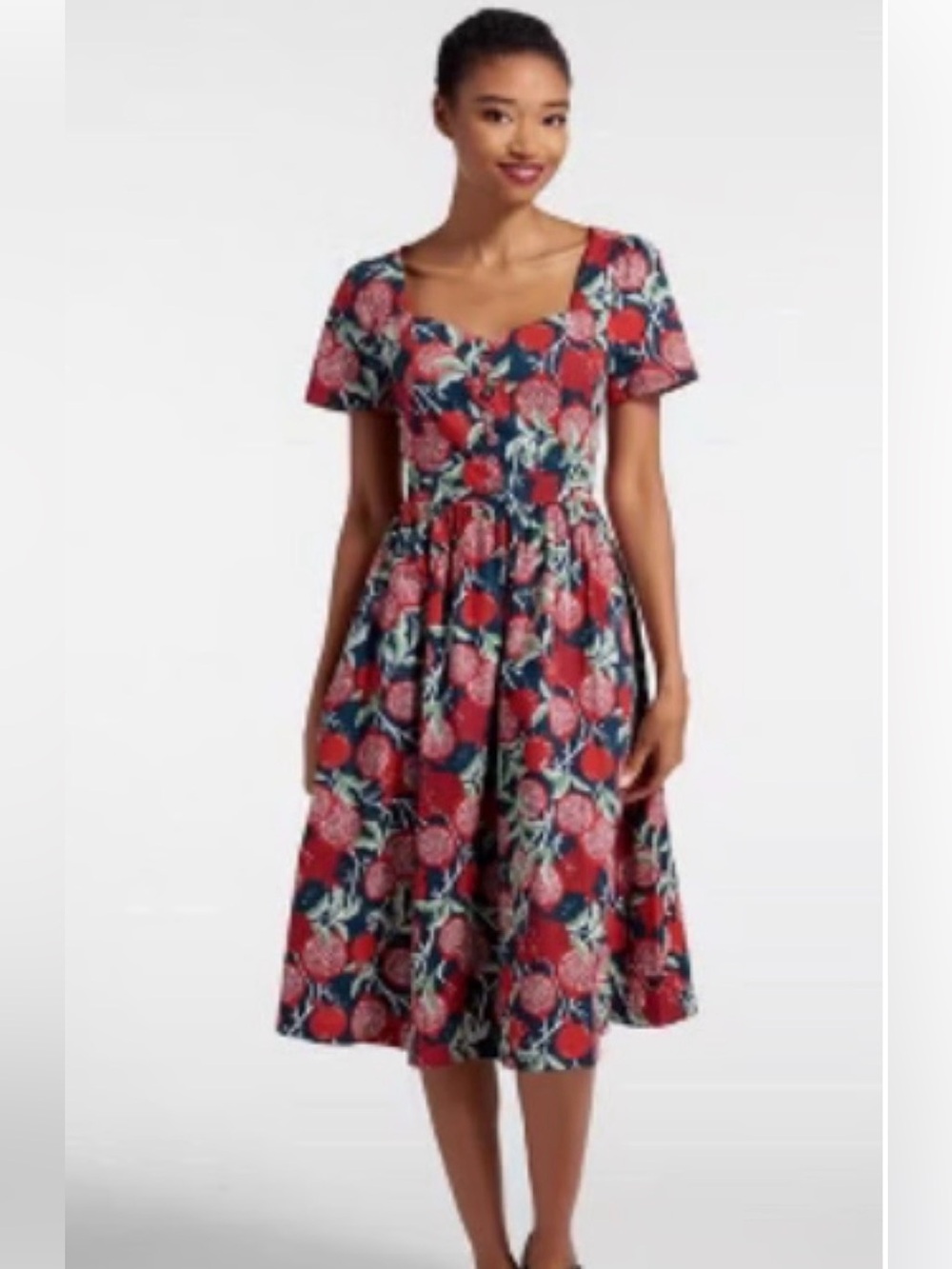 ModCloth Fit & Flare Pomegranate Print Dress, Navy, Size Large